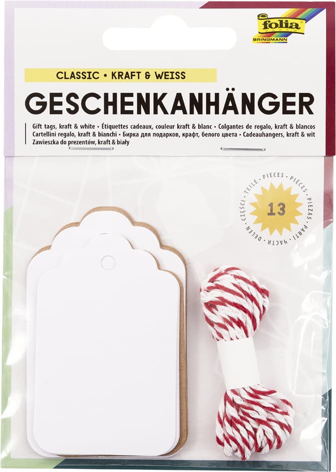Folia Geschenkanhänger Lang, Natur & Weiß, Inkl. Schnur