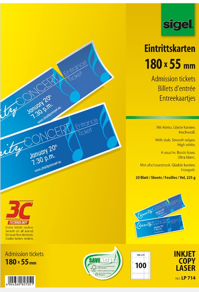 Sigel Eintrittskarten, 180 X 55 Mm, Bedruckbar, Hochweiß