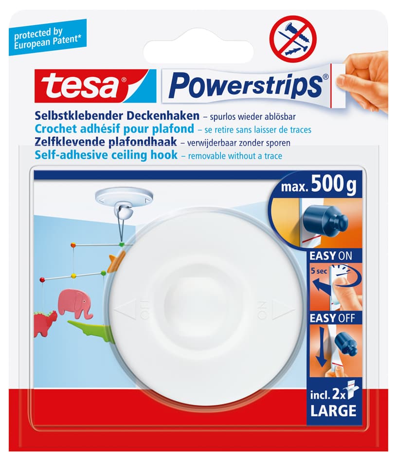 Tesa Powerstrips Deckenhaken, Weiß, Haltekraft: Max. 0,5 Kg