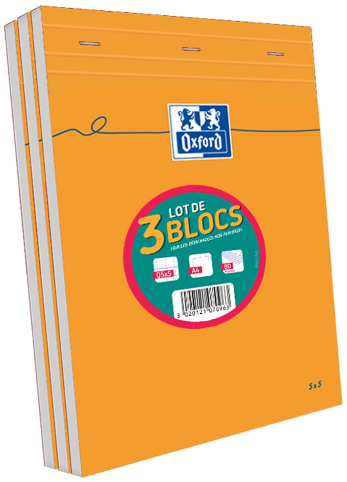 Oxford Notizblock, Din A4, Kariert, 80 Blatt, 3er Set