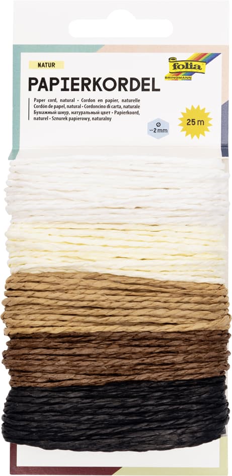 Folia Papierkordel Natur, 5 M, Farbig Sortiert
