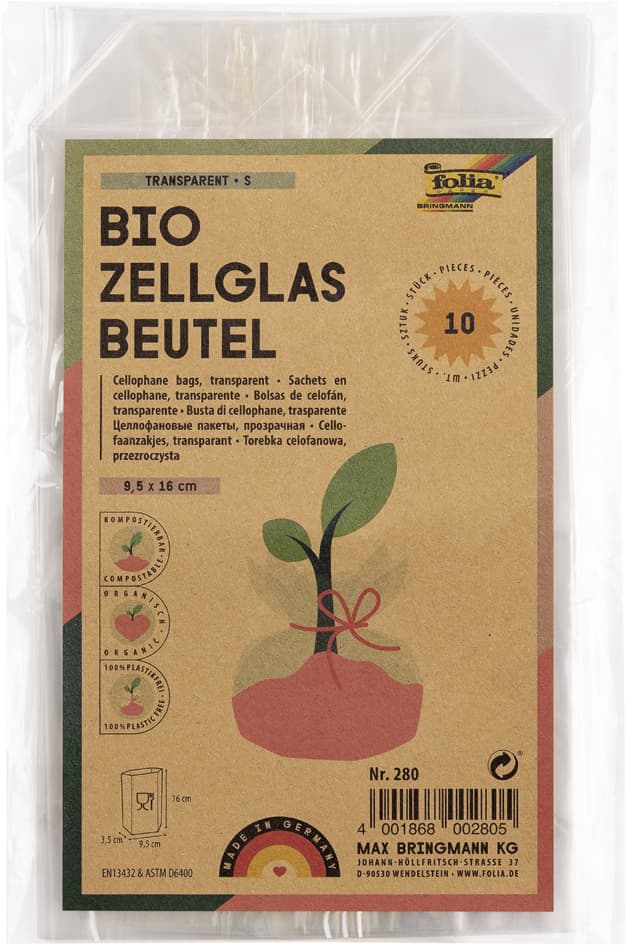 Folia Zellglasbeutel, Maße: (B)95 X (H)160 Mm, Transparent