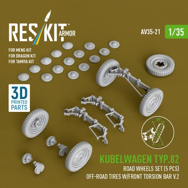 Kubelwagen Typ.82 - Road Wheels Set (5 Pcs) Off-Road Tires W/Front Torsion Bar V.2 (3d Printed) [Meng / Dragon / Tamiya]