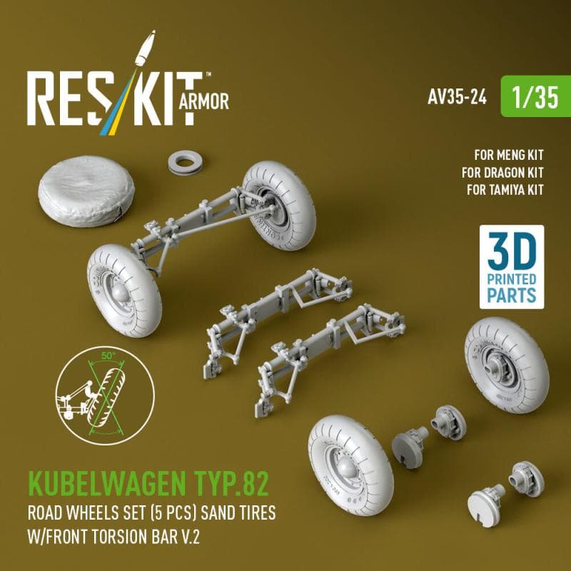 Kubelwagen Typ.82 - Road Wheels Set (5 Pcs) Sand Tires W/Front Torsion Bar V.2 (3d Printed) [Meng / Dragon / Tamiya]