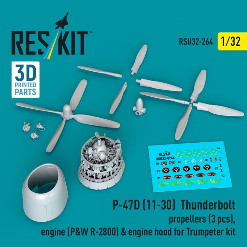 P-47d (11-30) Thunderbolt - Propellers (3 Pcs), Engine (P&W R-2800) & Engine Hood (3d Printed) [Trumpeter]