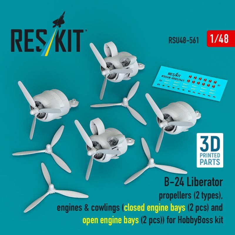 B-24 Liberator - Propellers (2 Types), Engines & Cowlings (Closed Engine Bays (2 Pcs) And Open Engine Bays (2 Pcs)) (3d Printed) [Hobbyboss]