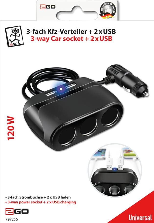 2go Kfz-Verteiler 3-Fach 120w + 1x Usb-A 1x Usb-C Schwarz