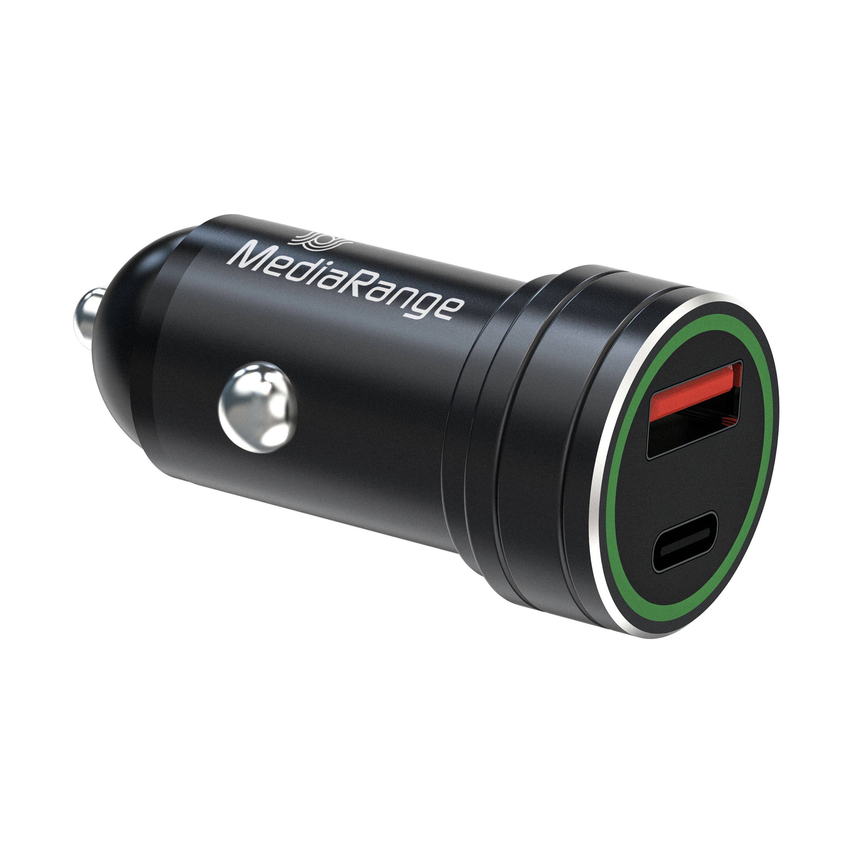 Mediarange Kfz-Ladegerät 20w 1x Usb-A U. 1x Usb-C Alu, Schw.