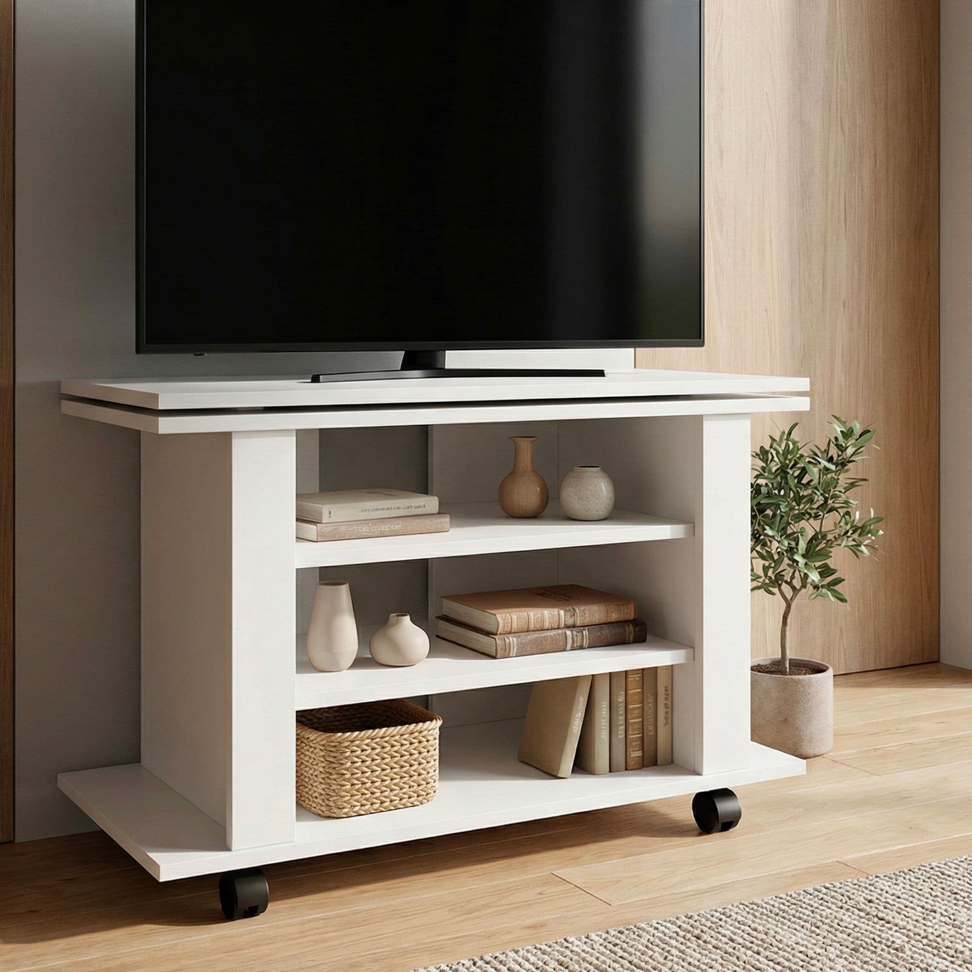 Finebuy Tv Lowboard Weiß 78 Cm – Hifi Bank Mit Drehbarer Oberplatte – Fernsehtisch Auf Rollen – Tv Möbel Mit Offenen Fächern – Medienboard Modern – Fernsehschrank
