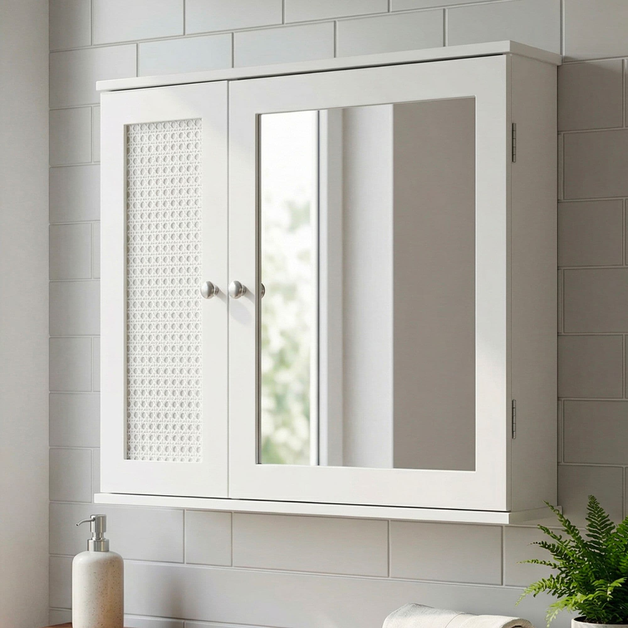 Finebuy Spiegelschrank Weiß 60cm - Wand Badschrank Mit 1 Spiegeltür - Hängeschrank Bad Wandschrank Im Rattan Aufbewahrungsschrank Mit Tür Design Badezimmerspiegel