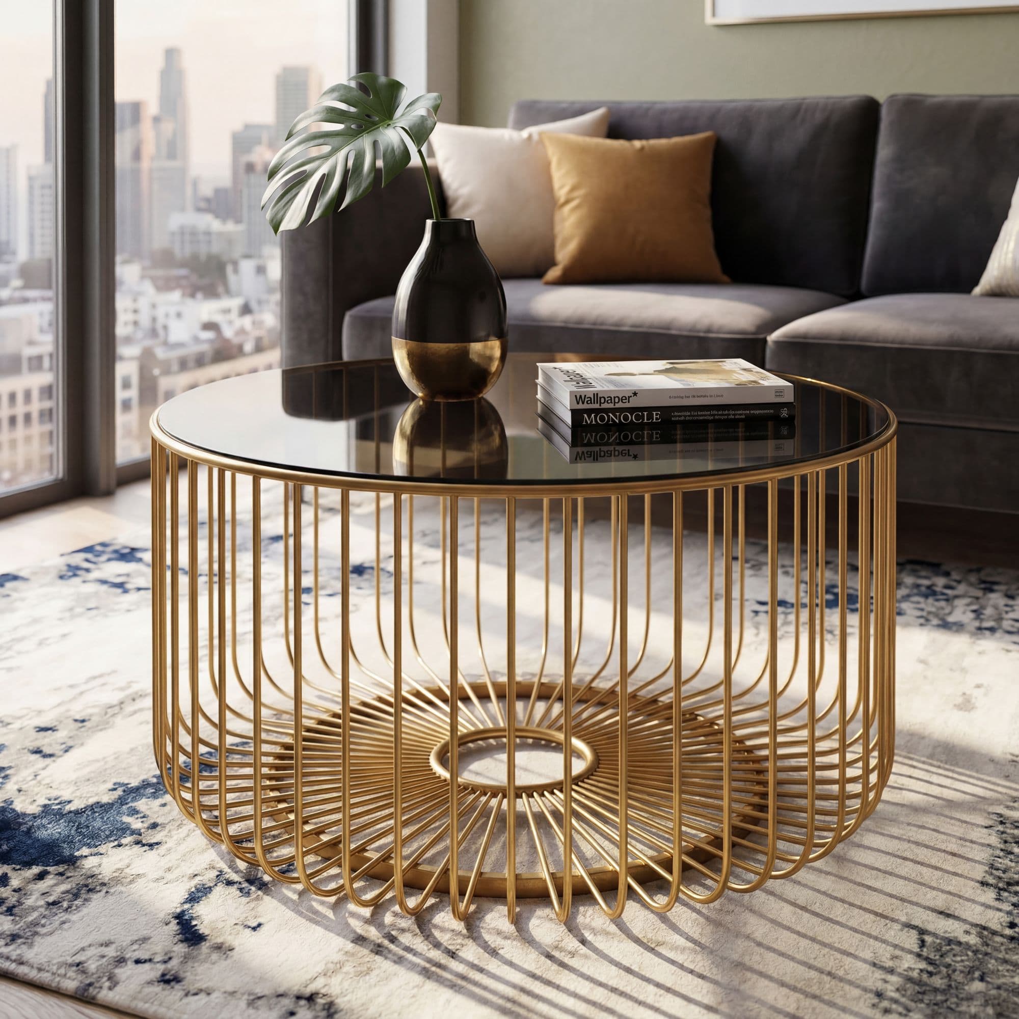 Finebuy Couchtisch Glas Metall 60cm Gold Rund - Moderner Wohnzimmertisch - Design Sofatisch - Loungetisch Mit Gittergestell - Runder Beistelltisch Handmade