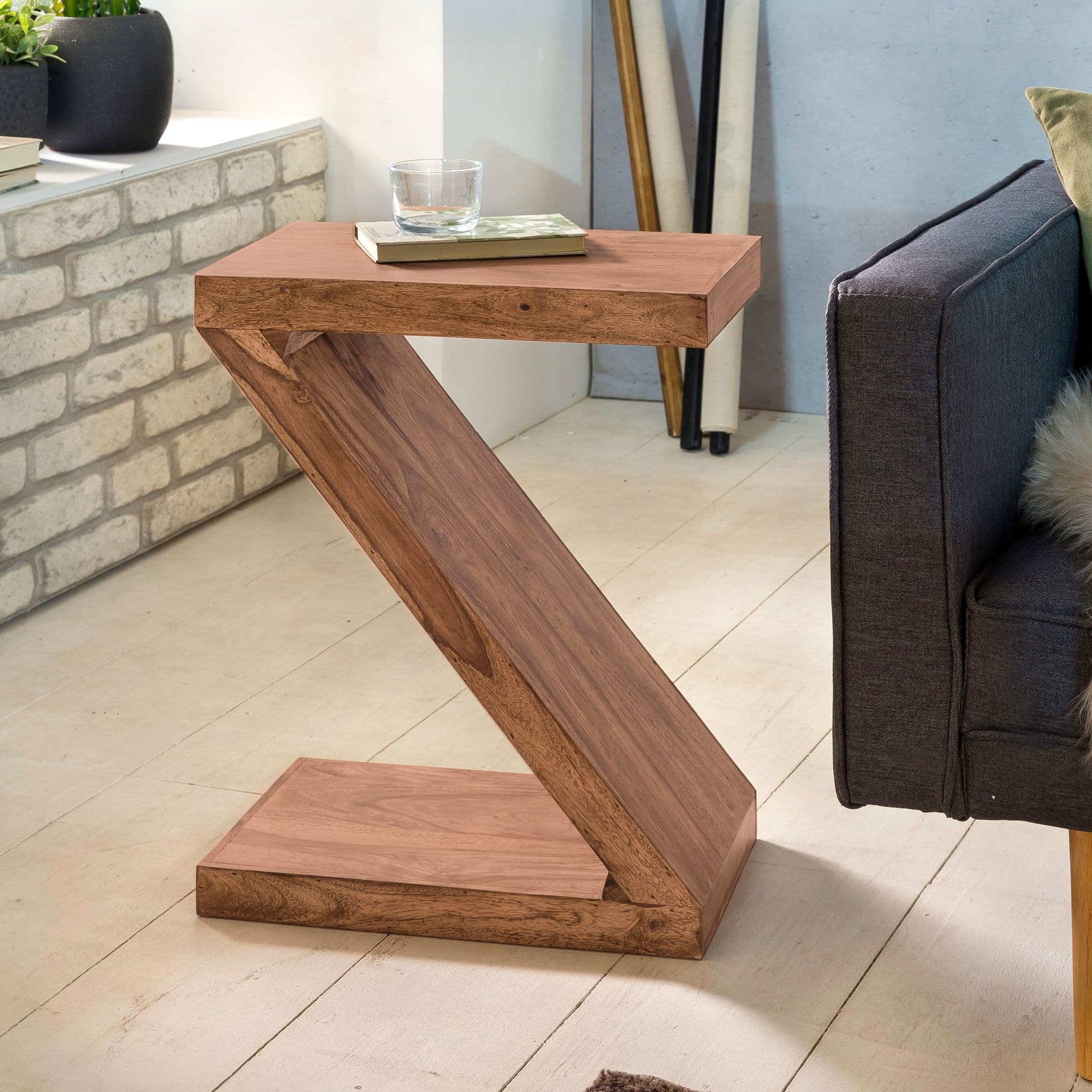 Finebuy Beistelltisch Massivholz Z Cube 59cm Hoch Wohnzimmertisch Landhaus-Stil Braun Couchtisch Farbe Wählbar
