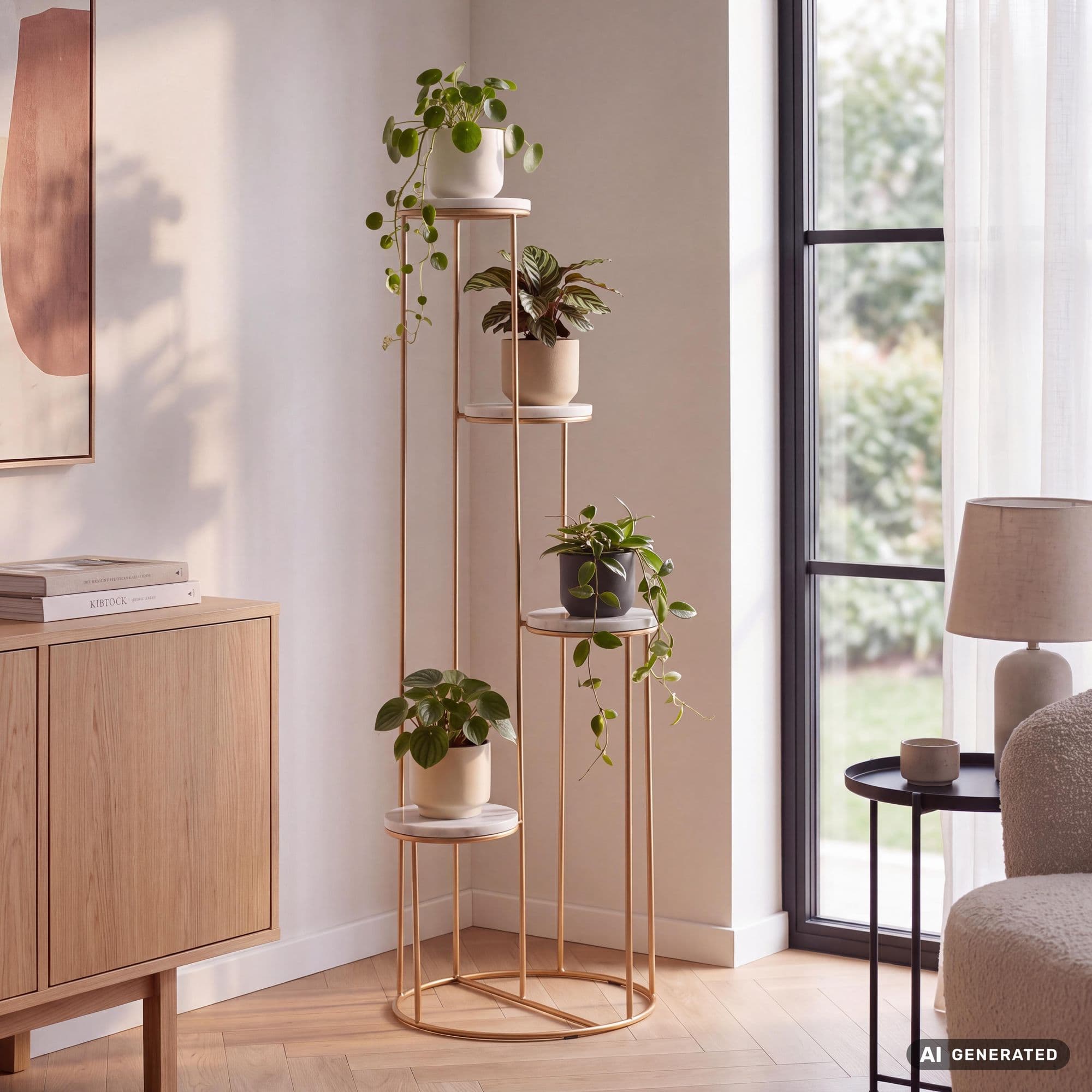 Finebuy Blumenständer Echter Marmor Weiß 36,5x107,5x36,5 Cm Pflanzenständer Stehend Gold, Blumenhocker Wohnzimmer Freistehend Mit 4 Ablagen, Pflanzenregal Blumenregal Groß Modern