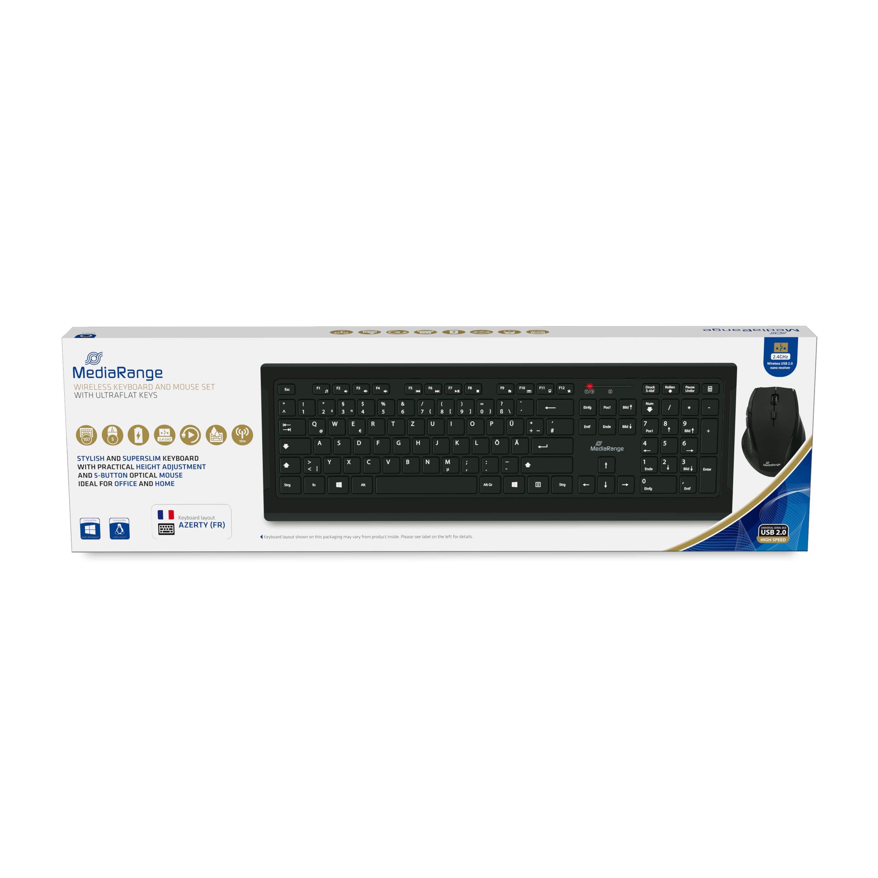 Mediarange Tastatur-Set + Optis. 5 Tasten Funk-Maus (Fr) Sw