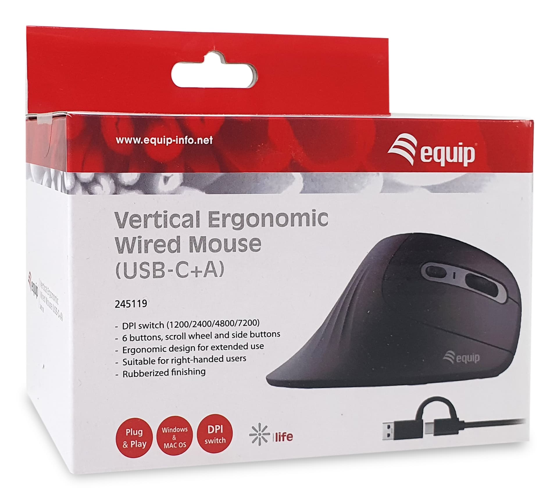 Equip Ergonomische Maus Usb-A/-C Stker 1.80m Rechts Schwarz