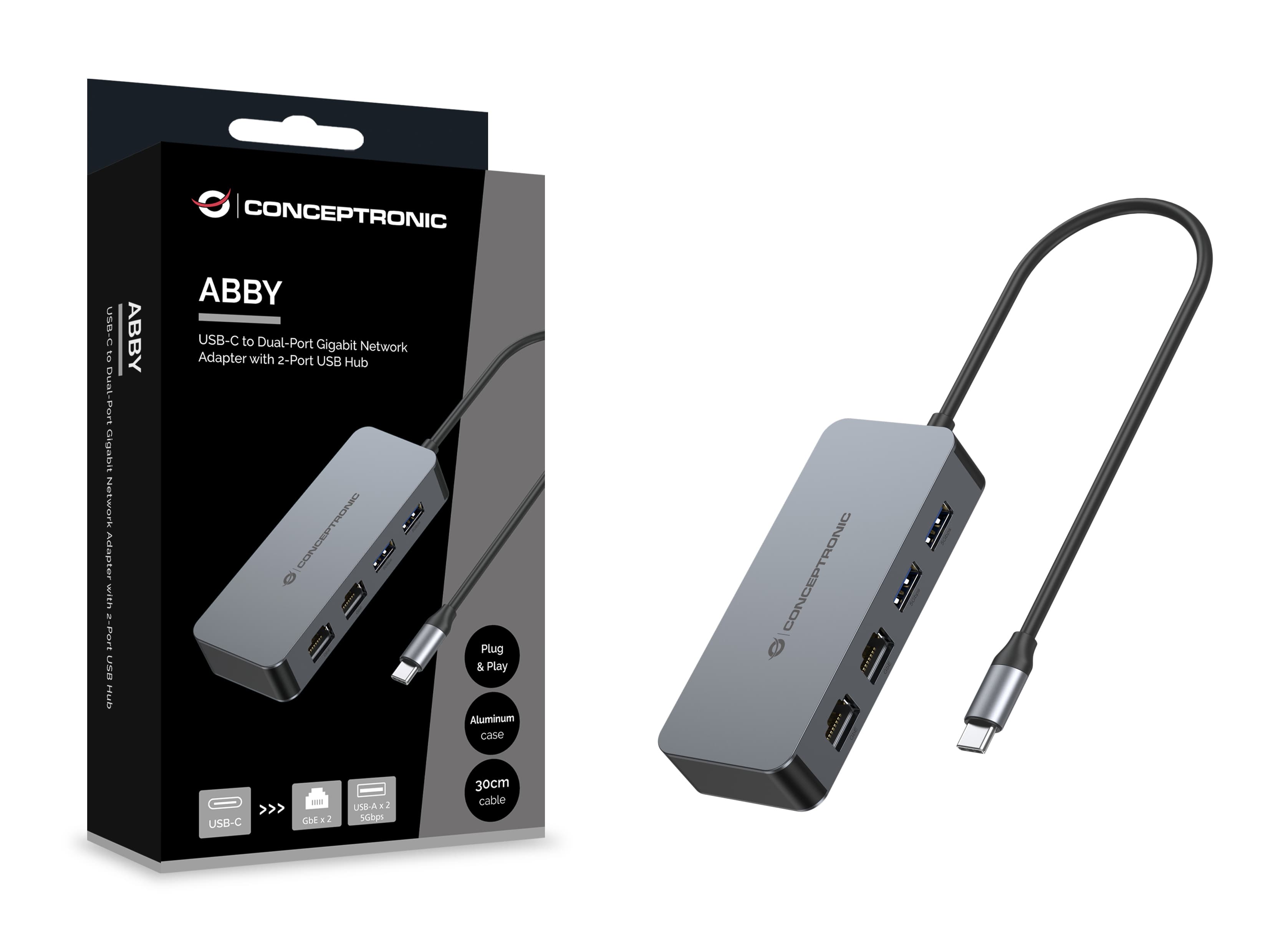 Conceptronic Adapter Usb-C->2xgbe+2xusb-A3.2 5gbs 0.30m Gr