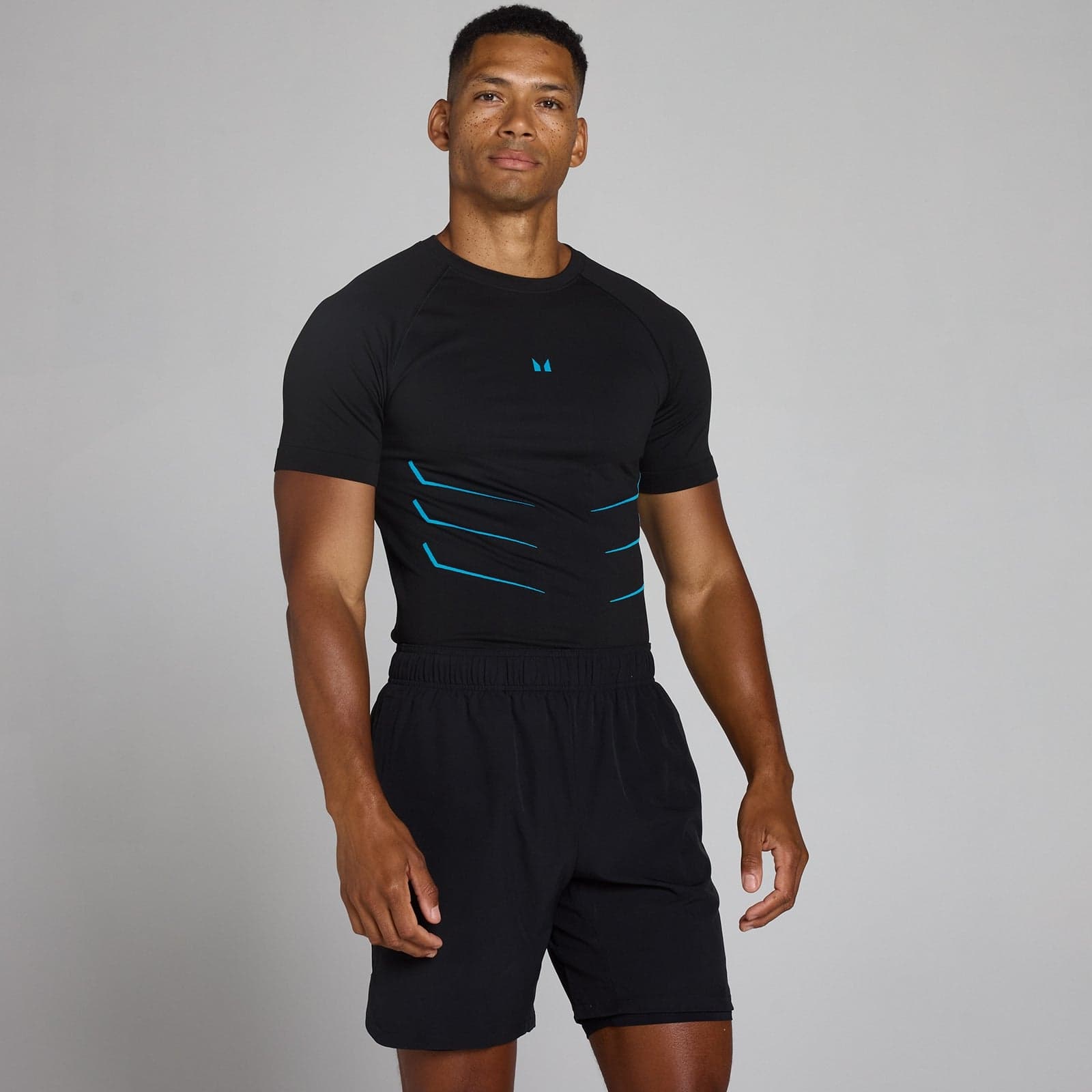 Lift Muscle Fit Nahtloses T-Shirt - Vintage-Schwarz/Power Blue - Xl