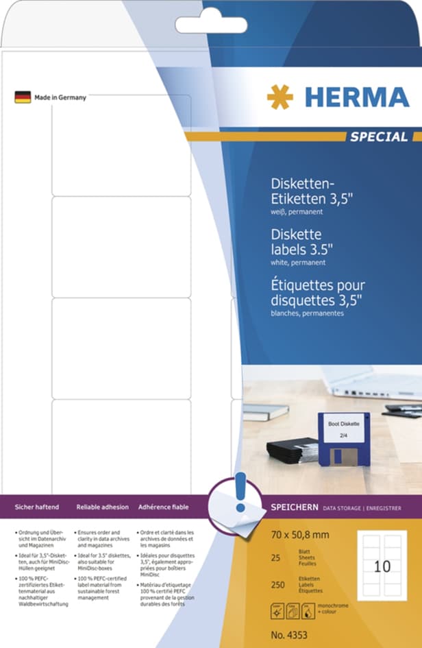 Herma Disketten-Etiketten 3,5, Special, 70 X 50,8 Mm, Weiß