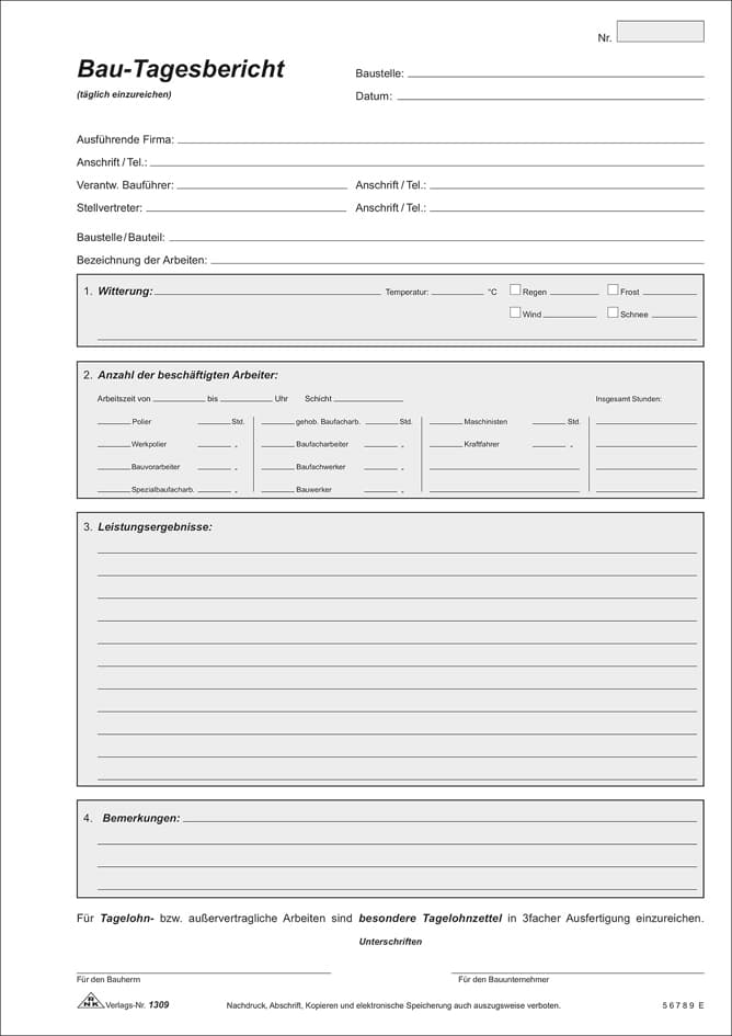 Rnk Verlag Vordruck , Bau-Tagesbericht, , Sd, Block, Din A4