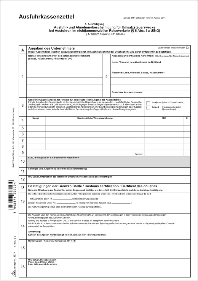 Rnk Verlag Vordruck , Ausfuhrkassenzettel, , Din A4, Sd
