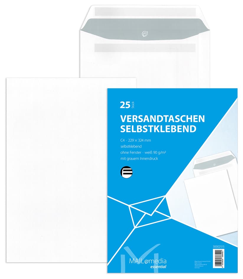 Mailmedia Versandtasche Weiß, C4, Ohne Fenster,Selbstklebend