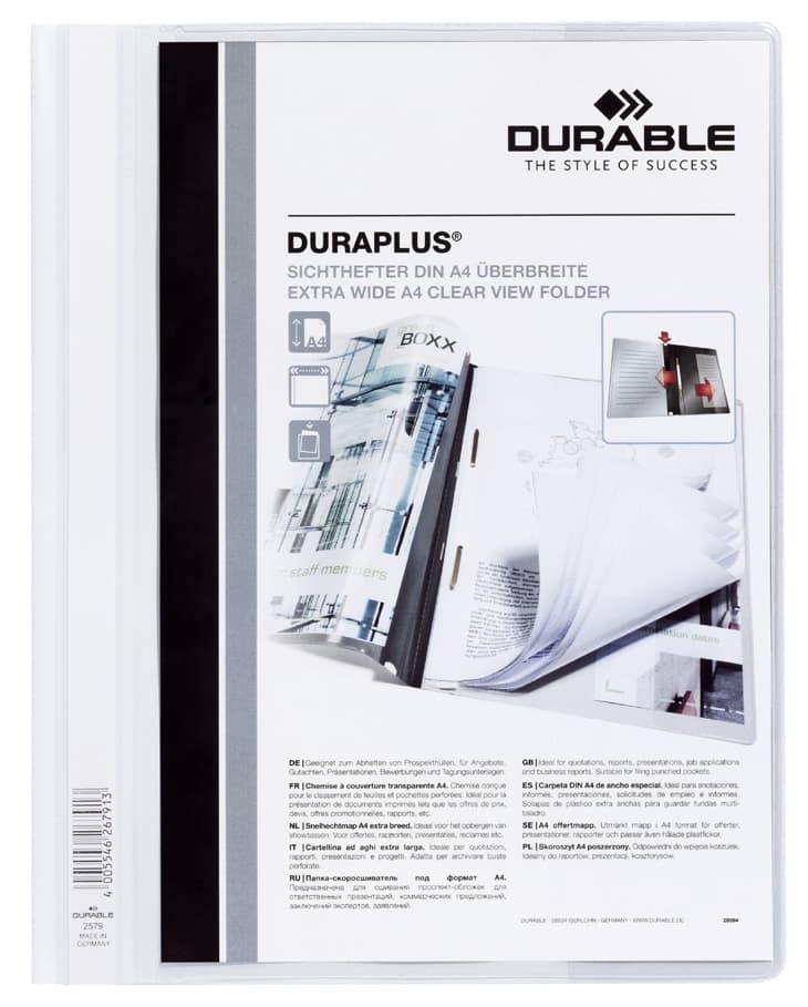 Durable Schnellhefter Duraplus, Din A4, Weiß, Überbreit