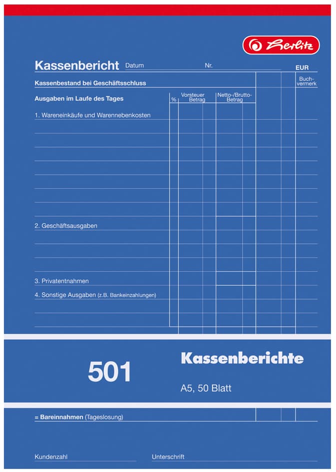 Herlitz Formularbuch , Kassenbericht 501, Din A5, 50 Blatt