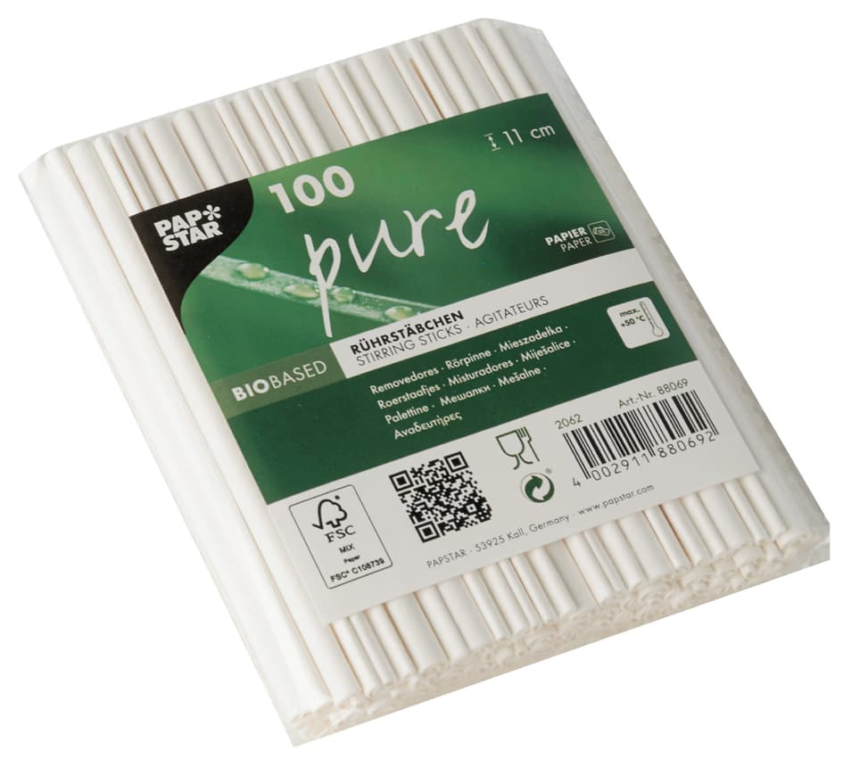 Papstar Papier-Rührstäbchen , Pure, , Länge: 110 Mm, Weiß