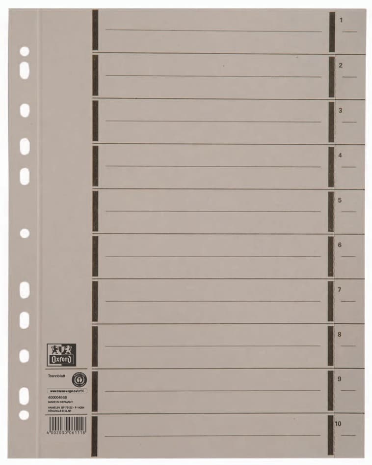 Oxford Trennblätter Mit Perforation, Din A4, Grau