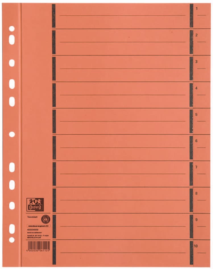 Oxford Trennblätter Mit Perforation, A4 Überbreite, Orange