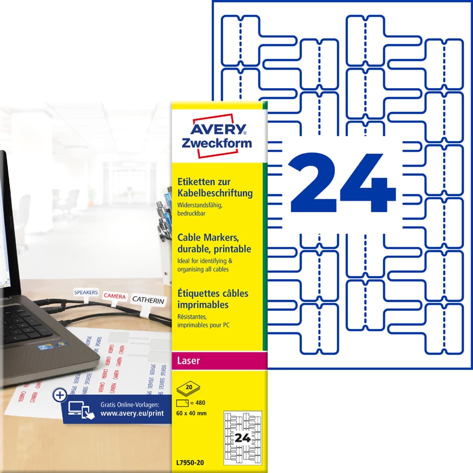 Avery Zweckform Kabel-Etiketten, 60 X 40 Mm, Weiß, Laser