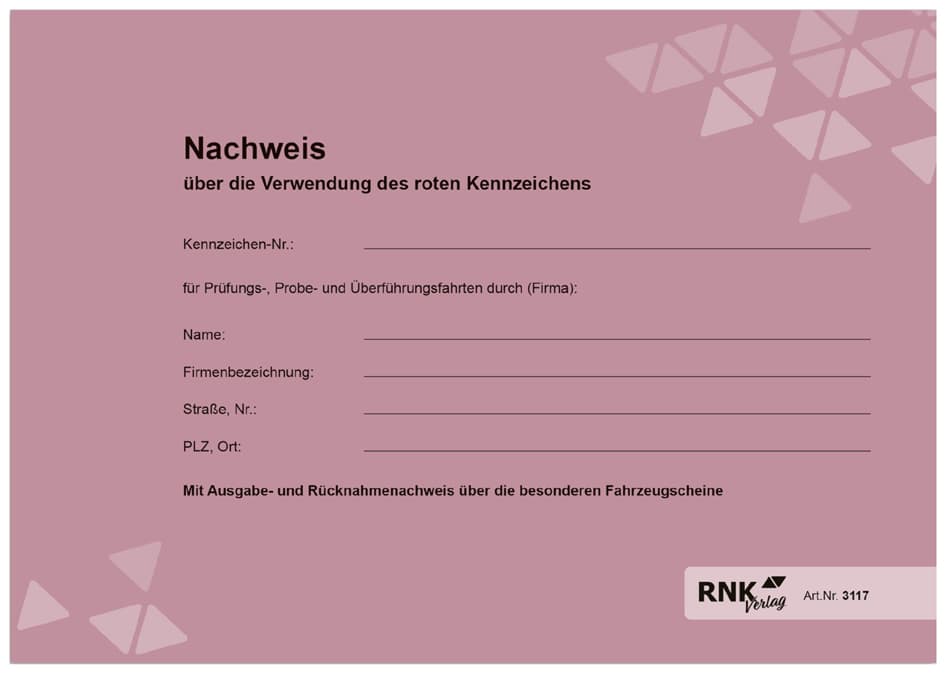 Rnk Verlag Nachweisheft Für Rote Kennzeichen, Din A5 Quer