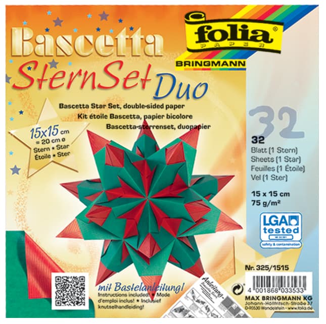 Folia Faltblätter Bascetta-Stern, 150 X 150 Mm, Hochrot/Grün