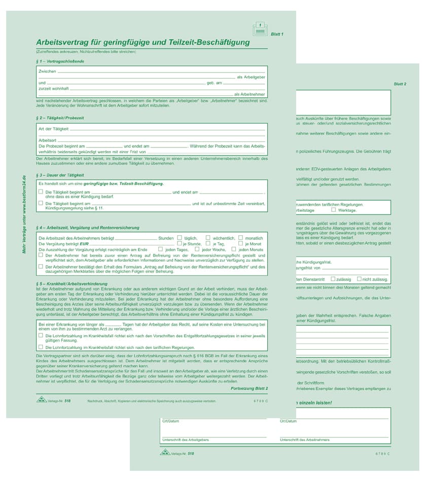 Rnk Verlag Vordruck , Arbeitsvertrag Teilzeit-Beschäftigte,