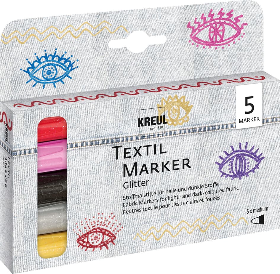 Kreul Textilmarker Glitter, Medium 5er-Set