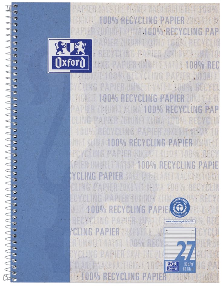 Oxford Collegeblock , Recycling, , Din A4+, 80 Blatt, Kariert
