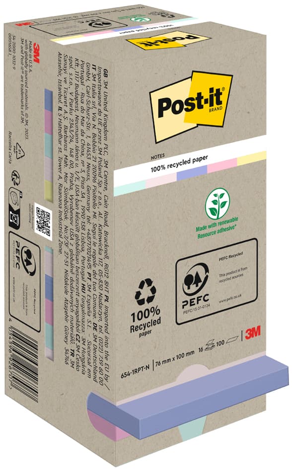 Post-It Haftnotizen Recycling Notes, 51 X 38 Mm, Mehrfarbig