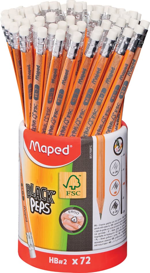 Maped Bleistift Black, Peps, Mit Radierer, 72er Köcher