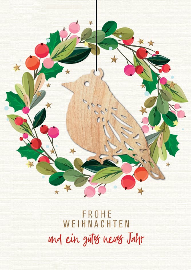Cactus Weihnachtskarte , Kranz & Vogel, , Mit Holzapplikation