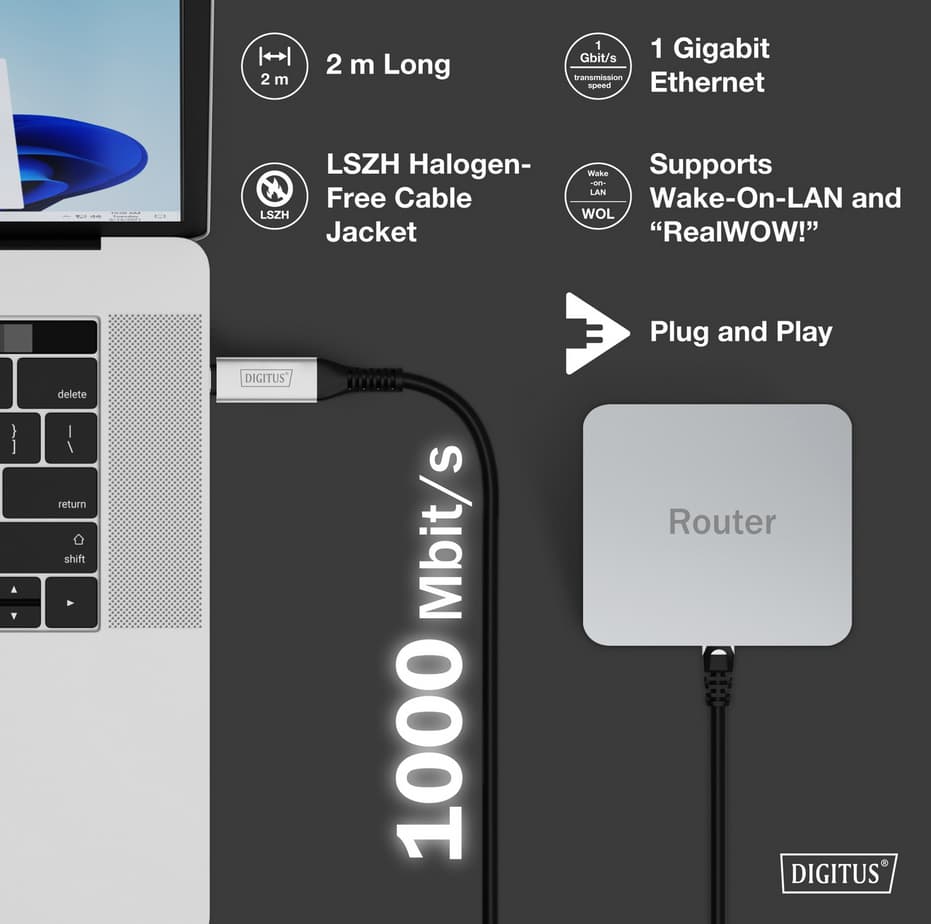 Digitus Usb 3.2 Ethernet Kabel, Usb-C - Rj45 Stecker, 15 M