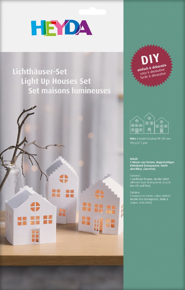 Heyda Lichtdorf-Bastelset Häuser, Karton, Weiß, 3-Teilig