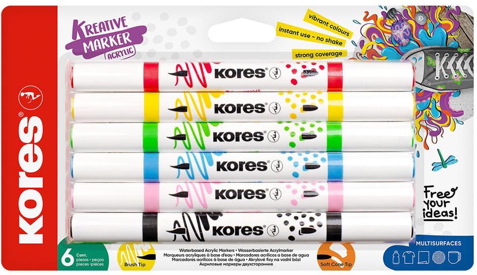 Kores Acrylmarker Duo, 2 Spitzen, 6er Set, Farbig Sortiert