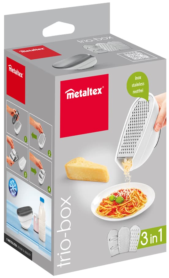 Metaltex Universalreibe Trio-Box, 3 Einsätze, Grau/Weiß