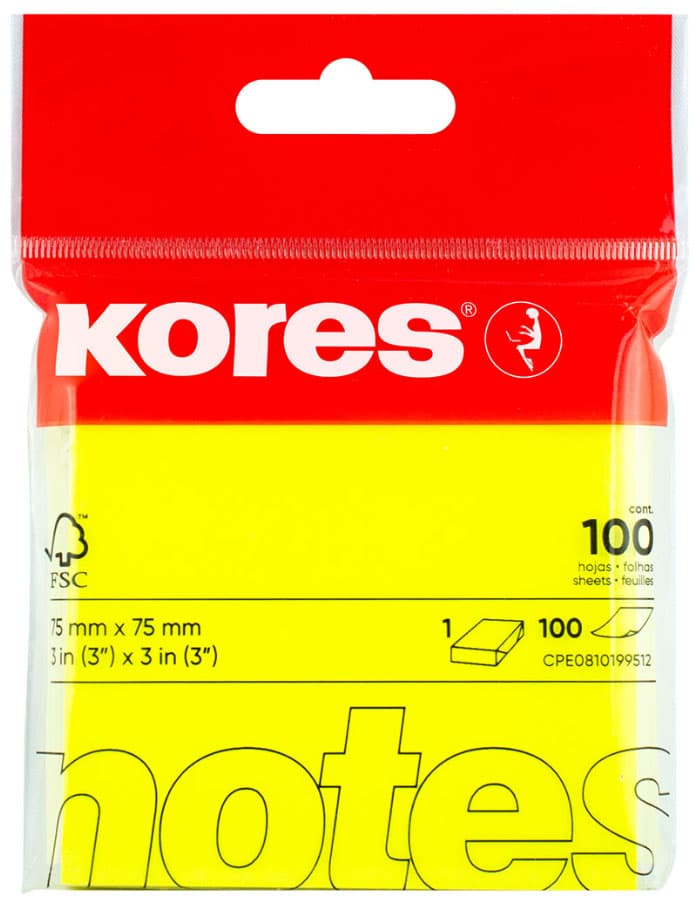 Kores Haftnotizen , Neon Notes, , 75 X 75 Mm, Blanko, Gelb