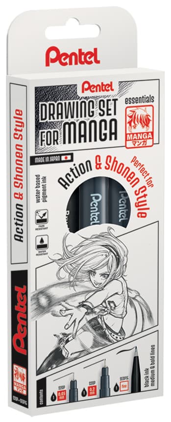 Pentel Fineliner-Set , Manga Action, , Schwarz, 3er Etui
