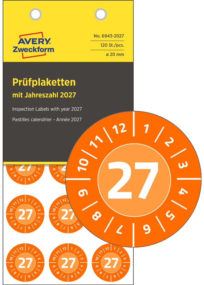 Avery Zweckform Prüfplaketten, 2027, Vinyl, Orange, 30 Mm