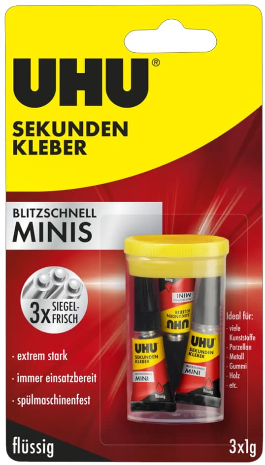 Uhu Sekundenkleber Blitzschnell Minis Flüssig, 3 Tuben À 1 G