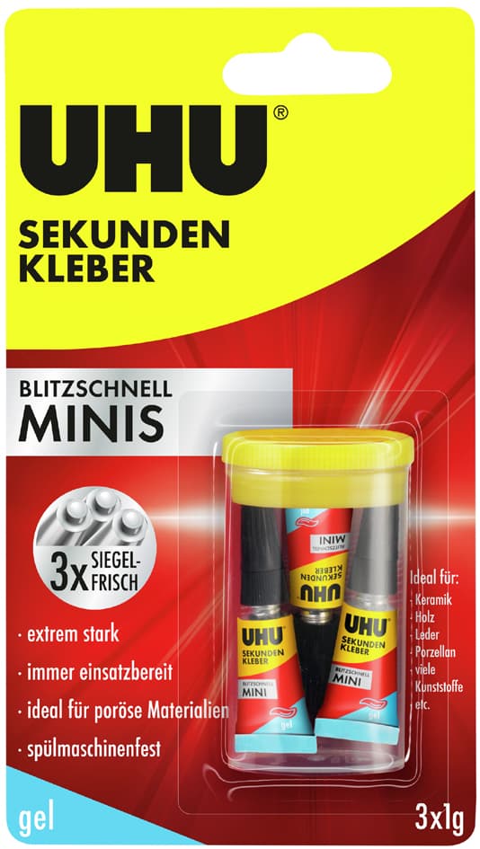 Uhu Sekundenkleber Blitzschnell Minis Gel, 3 Tuben À 1 G