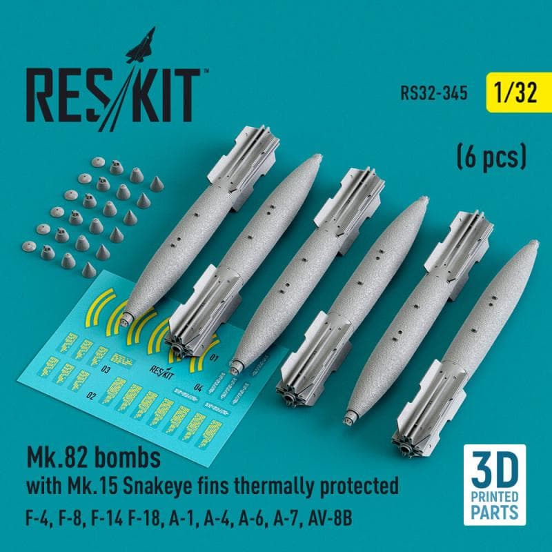 Mk.82 Bombs With Mk.15 Snakeye Fins Thermally Protected (6 Pcs) (F-4, F-8, F-14 F-18, A-1, A-4, A-6, A-7, Av-8b) (3d Printed)
