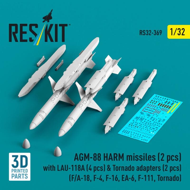 Agm-88 Harm Missiles (2 Pcs) With Lau-118a (4 Pcs) & Tornado Adapters (2 Pcs) (F/A-18, F-4, F-16, Ea-6, F-111, Tornado) (3d Printed)